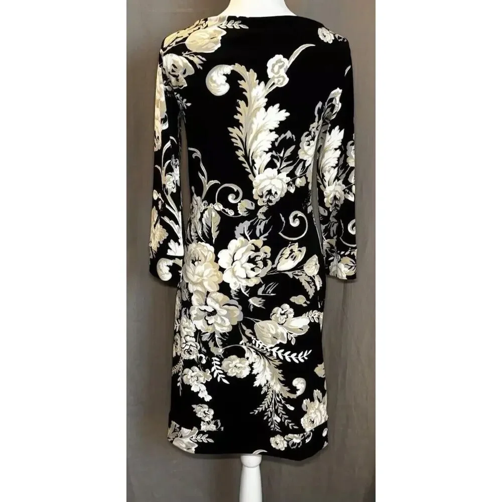 White House Black Market Dress Womens XXS Black Floral Knee Length Midi